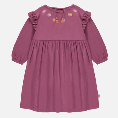 Robe mauve-rose de coupe régulière/évasée à manches ¾ en jersey crêpé, enfant || Regular/flared fit purple-pink ¾ sleeved dress in crinkle jersey, child