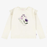 T-shirt crème à manches longues avec volants à illustration en jersey extensible, enfant || Cream t-shirt with long sleeves and ruffles in stretch jersey, child