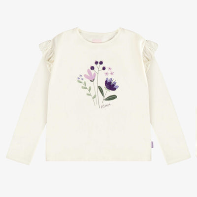 T-shirt crème à manches longues avec volants à illustration en jersey extensible, enfant || Cream t-shirt with long sleeves and ruffles in stretch jersey, child