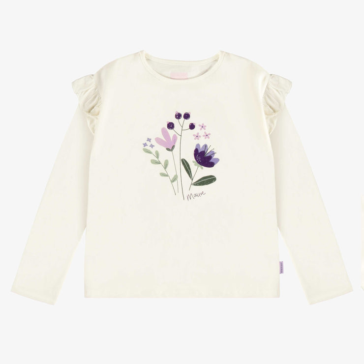 T-shirt crème à manches longues avec volants à illustration en jersey extensible, enfant || Cream t-shirt with long sleeves and ruffles in stretch jersey, child