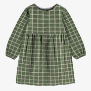 Robe à manches longues de coupe régulière/évasée verte à carreaux, enfant || Regular and flared fit dress green plaid long sleeves in jersey, child