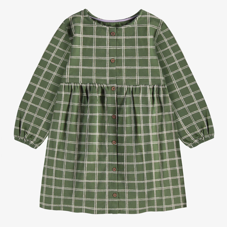 Robe à manches longues de coupe régulière/évasée verte à carreaux, enfant || Regular and flared fit dress green plaid long sleeves in jersey, child