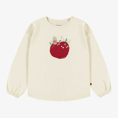 T-shirt crème manches longues avec une pomme rouge en jersey extensible, enfant || Cream t-shirt with long sleeves and red apple print in stretch jersey, child