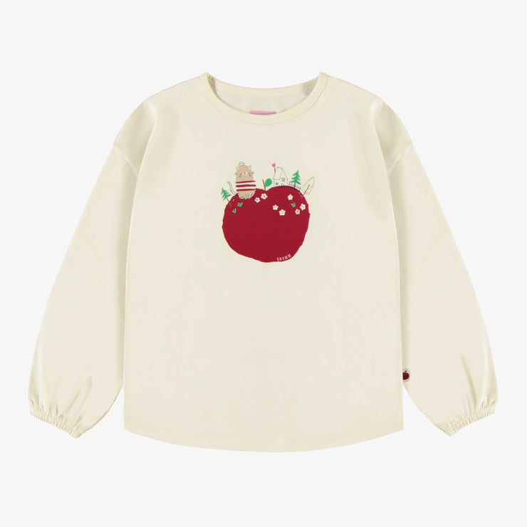 T-shirt crème manches longues avec une pomme rouge en jersey extensible, enfant || Cream t-shirt with long sleeves and red apple print in stretch jersey, child