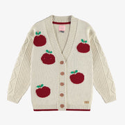 Veste de maille beige coupe décontractée avec motif jacquard de pommes rouges, enfant || Beige knitted vest relax fit with a jacquard print of red apples, child