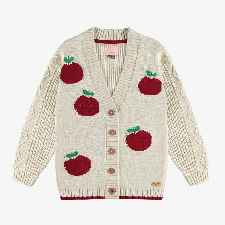 Veste de maille beige coupe décontractée avec motif jacquard de pommes rouges, enfant || Beige knitted vest relax fit with a jacquard print of red apples, child
