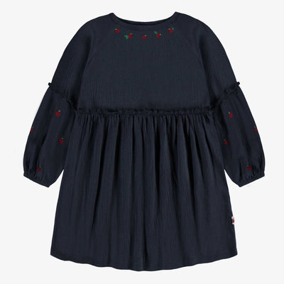 Robe marine de coupe décontractée et évasée à manches longues avec broderie de pommes en jersey crêpé, enfant