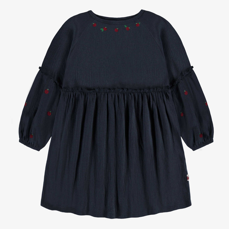 Robe marine de coupe décontractée et évasée à manches longues avec broderie de pommes en jersey crêpé, enfant