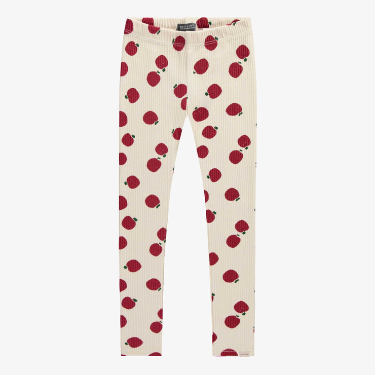 Legging long crème à motifs de pommes rouges en tricot côtelé irrégulier, enfant || Charcoal long legging in irregular rib knit, child