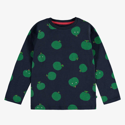 T-shirt marine manches longues à motifs de pommes vertes en jersey, enfant