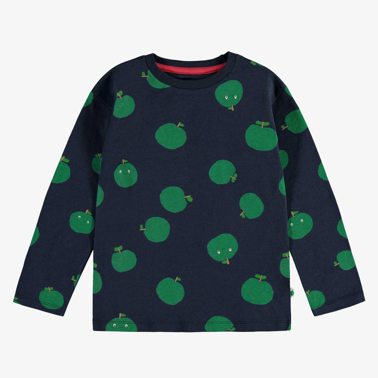 T-shirt marine manches longues à motifs de pommes vertes en jersey, enfant