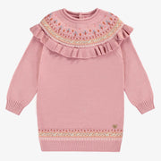 Robe de maille rose à manches longues avec motif jacquard fleuri , enfant || Long-sleeved pink knit dress with floral jacquard pattern, child
