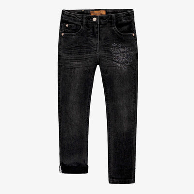 Pantalon en denim noir de coupe étroite avec broderies, enfant || Black denim pants with a slim fit and embroidery, child