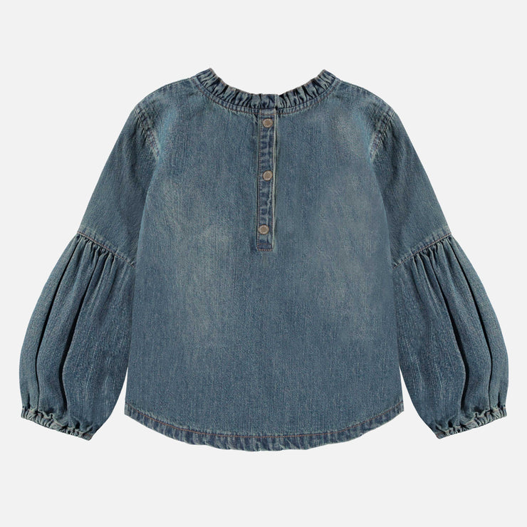 Chemise à manches longues avec broderies en denim léger, bleu moyen, enfant