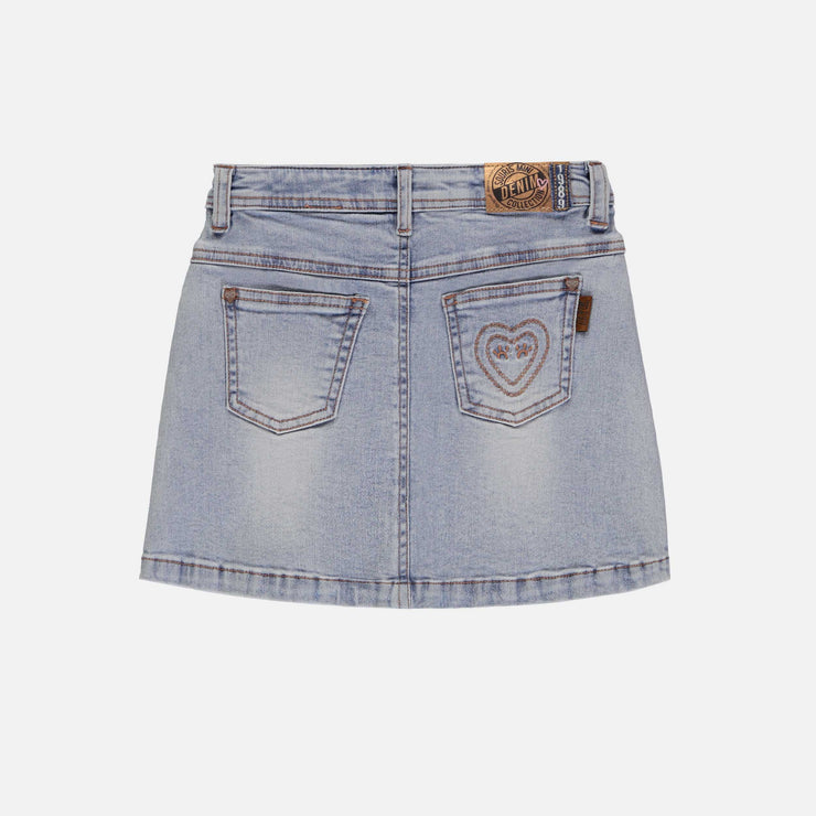 Jupe droite courte en denim extensible, bleu pâle, enfant || Short straight skirt in stretch denim, light blue, child