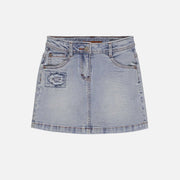 Jupe droite courte en denim extensible, bleu pâle, enfant || Short straight skirt in stretch denim, light blue, child