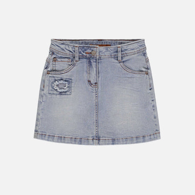 Jupe droite courte en denim extensible, bleu pâle, enfant || Short straight skirt in stretch denim, light blue, child