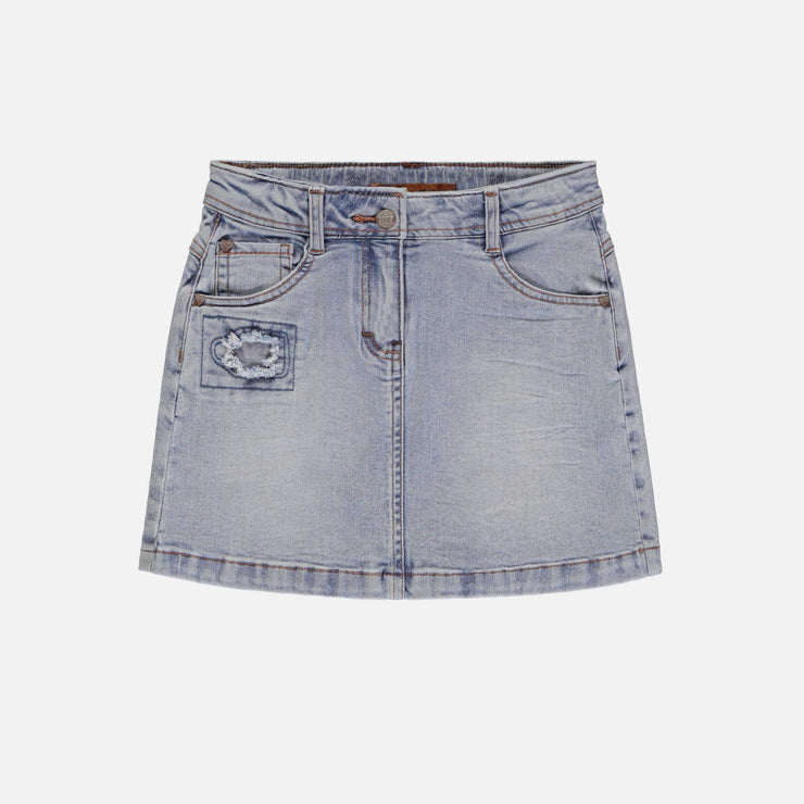 Jupe droite courte en denim extensible, bleu pâle, enfant || Short straight skirt in stretch denim, light blue, child
