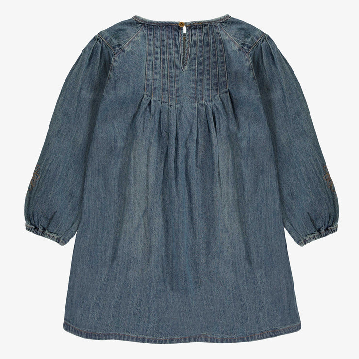 Robe coupe régulière/évasée à manches longues avec effet plissé en denim léger, bleu foncé, enfant
