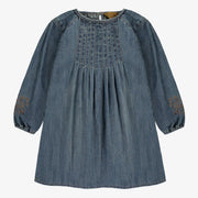 Robe coupe régulière/évasée à manches longues avec effet plissé en denim léger, bleu foncé, enfant || Long-sleeved regular fit/flared dress with pleated effect in light denim, dark blue, child