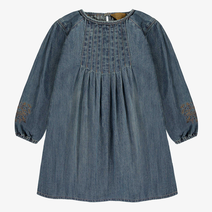 Robe coupe régulière/évasée à manches longues avec effet plissé en denim léger, bleu foncé, enfant || Long-sleeved regular fit/flared dress with pleated effect in light denim, dark blue, child