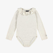 Justaucorps crème avec col Claudine en jersey pointelle brillant, enfant || Cream bodysuit with Claudine collar in shiny pointelle jersey, child