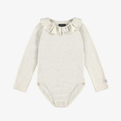 Justaucorps crème avec col Claudine en jersey pointelle brillant, enfant || Cream bodysuit with Claudine collar in shiny pointelle jersey, child