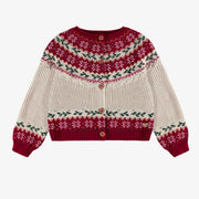 Cardigan de maille crème et rouge à motifs des fêtes, enfant || Cream and red knit cardigan with holiday all over print, child