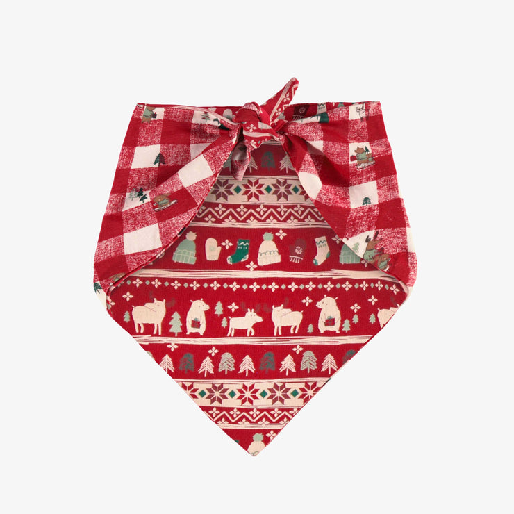 Foulard réversible crème et rouge pour animaux en jersey à motifs des fêtes et carreaux
