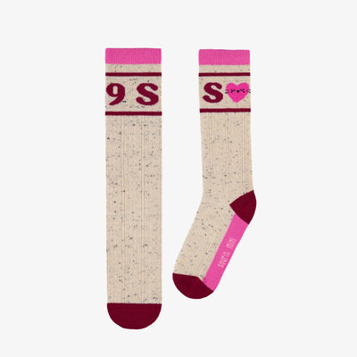 Chaussettes longues beiges et magentas en maille tressée au style collégial, enfant || College-style beige and magenta woven long socks, child