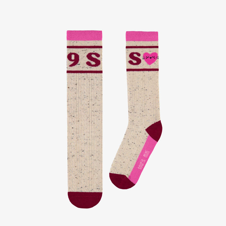 Chaussettes longues beiges et magentas en maille tressée au style collégial, enfant || College-style beige and magenta woven long socks, child