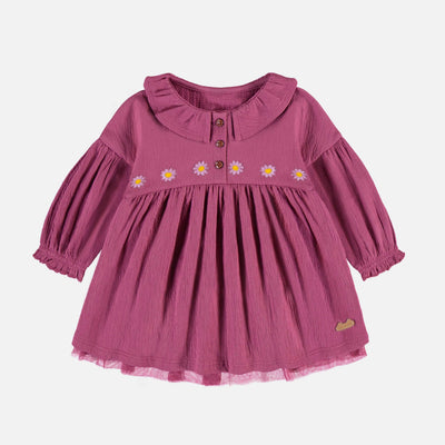 Robe cache-couche à manches longues mauve-rose avec col à volant en jersey crêpé, naissance || Purple-pink long sleeved bodysuit dress with collar in crinkle jersey, newborn