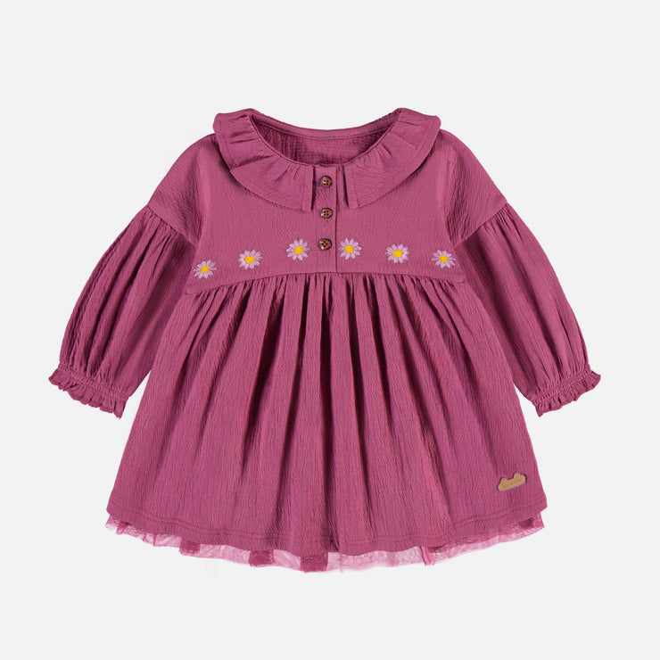 Robe cache-couche à manches longues mauve-rose avec col à volant en jersey crêpé, naissance || Purple-pink long sleeved bodysuit dress with collar in crinkle jersey, newborn