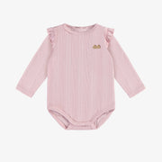 Cache-couche lilas à manches longues et volants en Pointelle côtelée, naissance || Lilac long sleeved bodysuit with ruffled in rib Pointelle, newborn