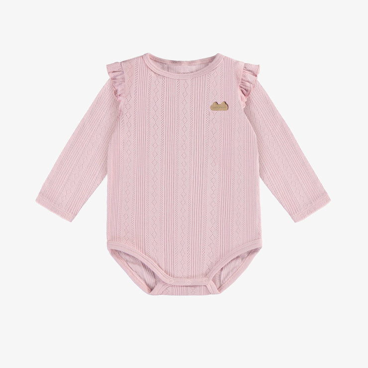 Cache-couche lilas à manches longues et volants en Pointelle côtelée, naissance || Lilac long sleeved bodysuit with ruffled in rib Pointelle, newborn