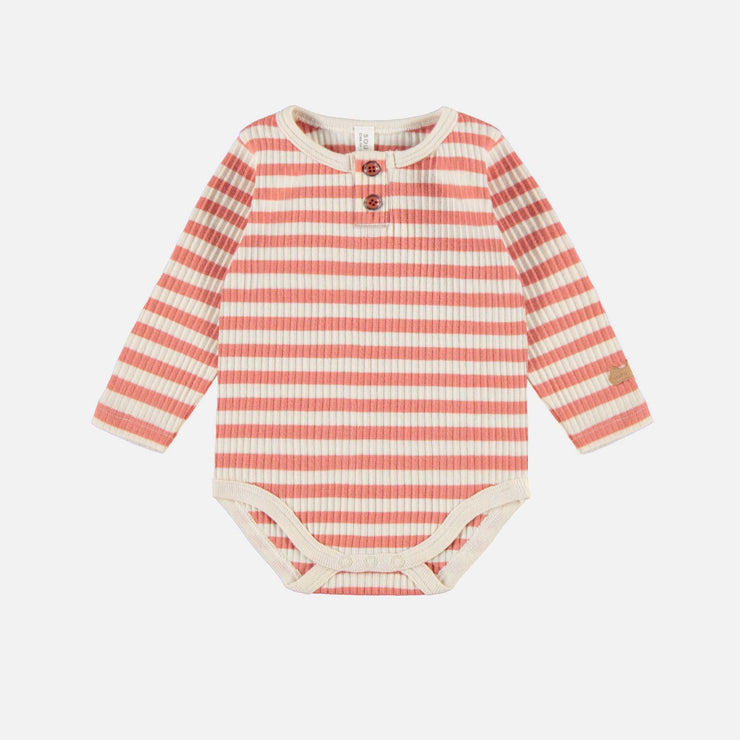 Cache-couche à manches longues rayé orange et crème en tricot côtelé, naissance || Orange and cream striped bodysuit with long sleeves in rib knit, newborn