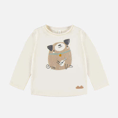 T-shirt à manches longues crème avec un chien illustré en jersey, naissance || Cream long sleeves t-shirt with dog print in jersey, newborn