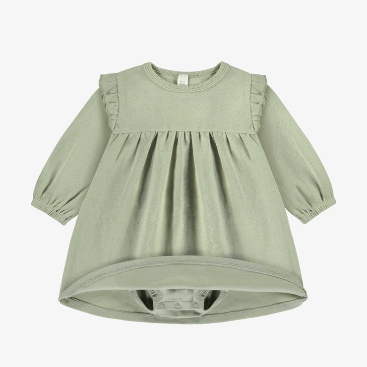 Robe manches longues vert sauge en coton pointelle, naissance || Sage green long sleeves dress in cotton pointelle, newborn
