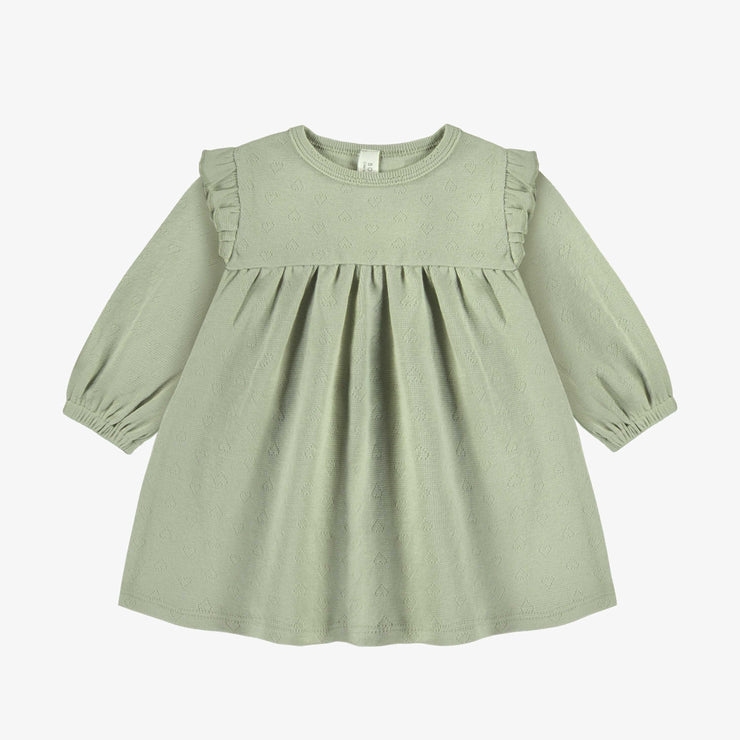 Robe manches longues vert sauge en coton pointelle, naissance || Sage green long sleeves dress in cotton pointelle, newborn