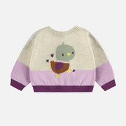 Cardigan en tricot crème et mauve avec illustration d’un canard, naissance