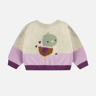 Cardigan en tricot crème et mauve avec illustration d’un canard, naissance