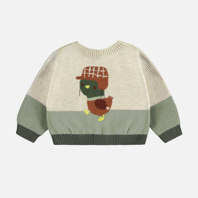Cardigan en tricot crème et vert avec illustration d’un canard, naissance || Cream and green knit cardigan with duck illustration, newborn