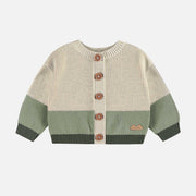 Cardigan en tricot crème et vert avec illustration d’un canard, naissance || Cream and green knit cardigan with duck illustration, newborn