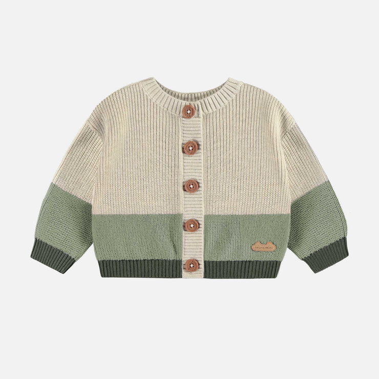 Cardigan en tricot crème et vert avec illustration d’un canard, naissance || Cream and green knit cardigan with duck illustration, newborn
