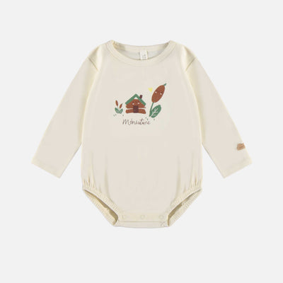 Cache-couche crème avec maison à manches longues en coton extensible, naissance || Cream long-sleeved bodysuit with a house in stretch cotton, newborn