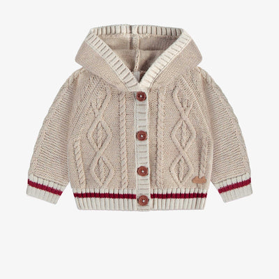 Veste de maille beige motif tressé avec capuchon, naissance || Beige knit vest with braided pattern and hood, newborn