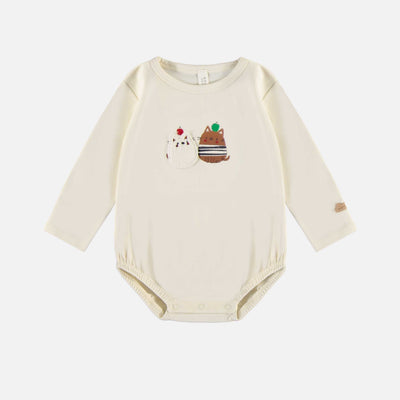 Cache-couche crème manches longues avec chats matelots en jersey, bébé || Cream bodysuit with long sleeves and sailors cat in jersey, baby