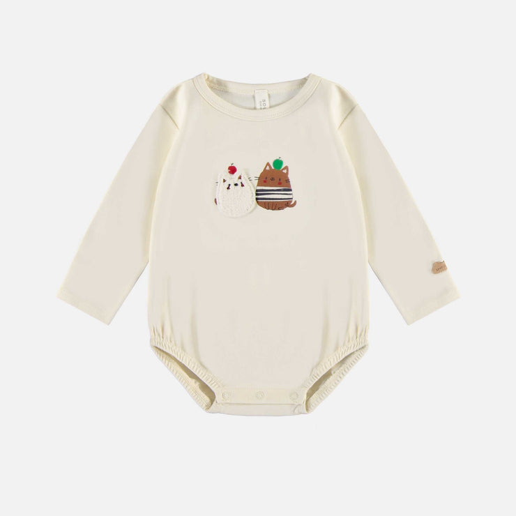 Cache-couche crème manches longues avec chats matelots en jersey, bébé || Cream bodysuit with long sleeves and sailors cat in jersey, baby