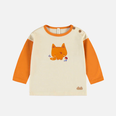 T-shirt crème à manches longues contrastantes avec renard en jersey, naissance || Cream long-sleeved t-shirt with a fox in cotton, newborn