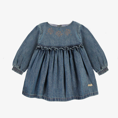 Robe coupe régulière/évasée à manches longues en denim bleu foncé, naissance || Medium blue denim dress regular and flare fit with long sleeves, newborn